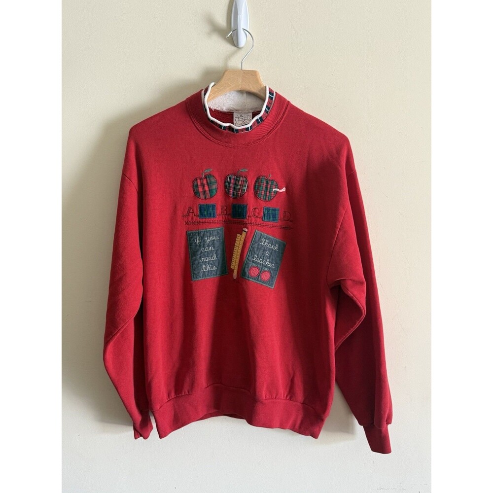 Vintage Valories Folk Art Appliqué Teacher Cottage Sweater Grandma Large